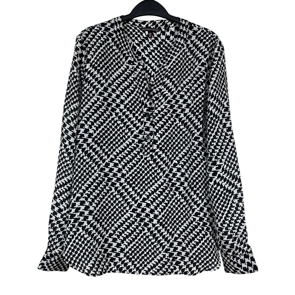 Victorias Secret 100% Silk Popover Blouse Womens S Black & White Lightweight